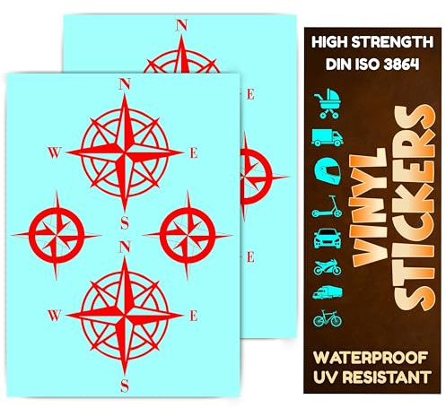 DIN 3864 Vinyl Sticker Kompass Off Road Windrose Wohnmobil Folie Motorrad Aufkleber Roller Scooter Helm Auto US Army Tank Geländewagen Fahrzeuge Motorradkoffer (Rot, A4-Set-8)