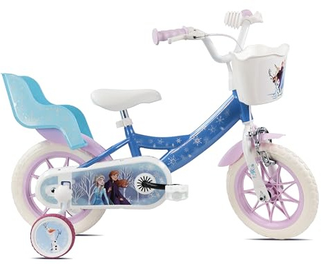 Disney Frozen 12 Zoll Mädchenfahrrad Stahlrahmen Pannensichere Reifen Vorderkorb und Puppenträger hinten Trainingsräder Alter 3-5 Jahre