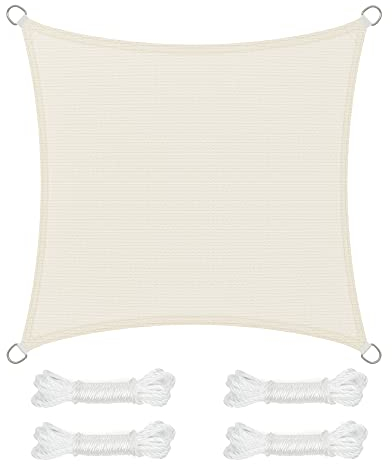 SONGMICS Vela de Sombra de 3 x 3 m, Tejido HDPE de Protección Solar, Transpirable, Permeable al Agua, Terraza, Jardín, Balcón, Camping, Cuadrada, Cóncava, Cuerdas de 2 m, Beige GSS33IV