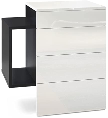 Vladon Nachttisch Queens, Made in Germany, Nachttischschrank mit 2 Schubladen und 1 seitlichem Fach zur Wandmontage, Schwarz matt/Weiß Hochglanz (60 x 63 x 36 cm)