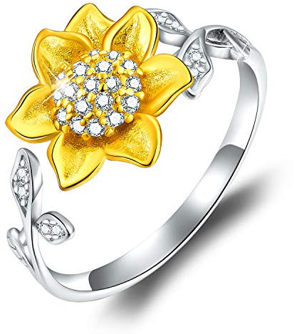 Esberry Anello Placcato Oro 18 carati Girasole Argento 925 Anello Aperto 3D Forma di Fiore Anello Regolabile Gioielli per Donna e Ragazza (Yellow Gold)
