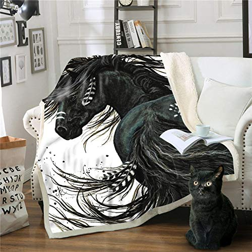 Decken,Tierisches Schwarz Pferd 3D Drucktuch Mädchen Jungen Weichen Bett Wirft Sherpa Decke Queen Size Betten Plüschsofa Decke Geschenke Für Kinder Erwachsene Reisen Flauschig Warmen Steppdecke 15
