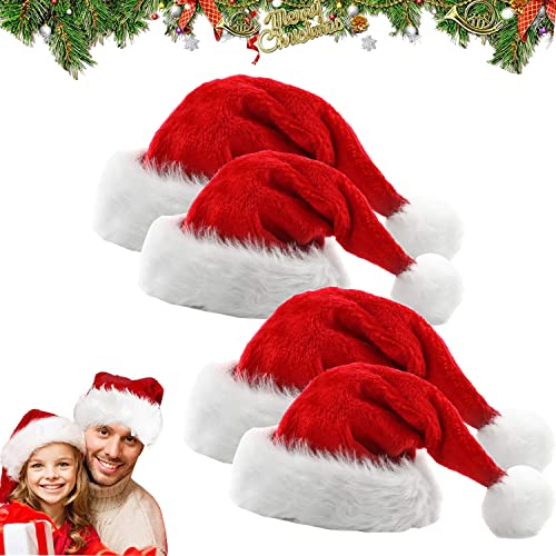 dancepandas Weihnachtsmütze, 4 Stück Nikolausmütze Plüsch Rand Weihnachtsfeier Rot Santa Mütze Nikolaus Dicker Fellrand aus Plüsch kuschelweich & angenehm Für Erwachsene Kinder
