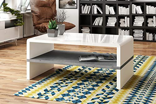 Design Couchtisch Tisch Rock Weiß Hochglanz/Beton Betonoptik Wohnzimmertisch 100x60x43cm mit Ablagefläche
