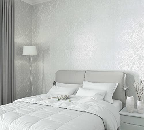 marburg Tapete Grau, Weiß-Grau Ornamental Klassisch für Wohnzimmer Schlafzimmer oder Küche 100% Made in Germany PREMIUM QUALITÄT 10,05 x 0,53 m