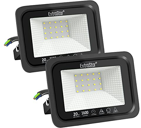 EXTRASTAR 20W LED Strahler Außen 2 Stücke,1600LM 6500K Kaltweiß Superhell Außenstrahler, IP65 Wasserdicht LED Fluter, Außenlampe für Garten, Innenhöfe, Garage, Hotel, Sportplatz