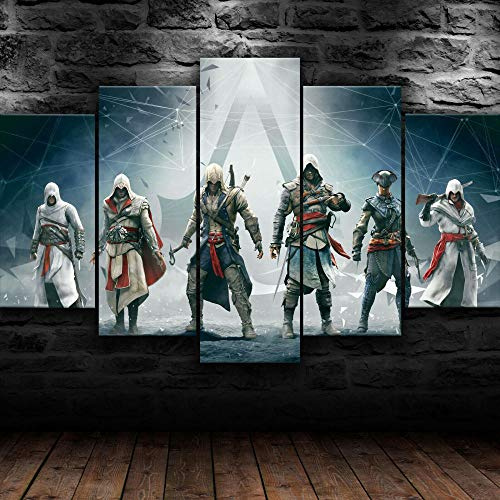 Leinwanddrucke 5 Stück Kunstdruck Wandbild 150×80Cm Assassins Creed Ezio Edward Mehrteilig Aufhängen Bilder Für Wohnzimmer Wohnkultur,Hd Gedruckt Rahmen Segeltuch Malerei