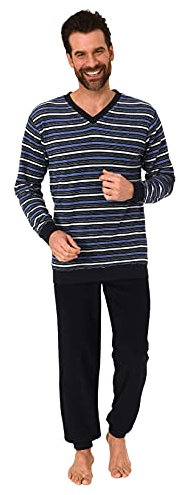 Herren Frottee Schlafanzug, Pyjama mit Bündchen in Streifenoptik - 65319, Farbe:Navy, Größe:54