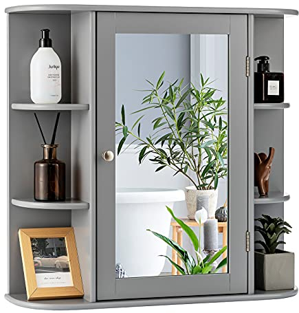 RELAX4LIFE Spiegelschrank, Hängeschrank mit Spiegel & Ablagen, Wandschrank für Badezimmer & Garderobe & Schlafzimmer, hängender Badspiegelschrank mit Tür, bis 20 kg belastbar, 65 x 17 x 63 cm (Grau)