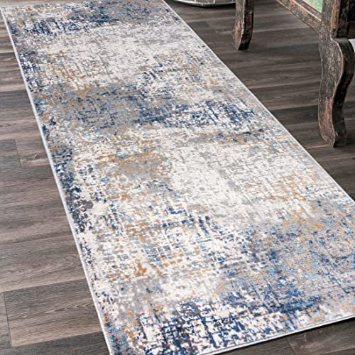 Mazovia Teppich Läufer Flur - Modern Teppichläufer – Kurzflor, Weich - für Vorzimmer Eingangsbereich Schlafzimmer Küche Korridor - Abstrakt Muster - 70 cm Breite Grau Blau 4 70 x 600 cm