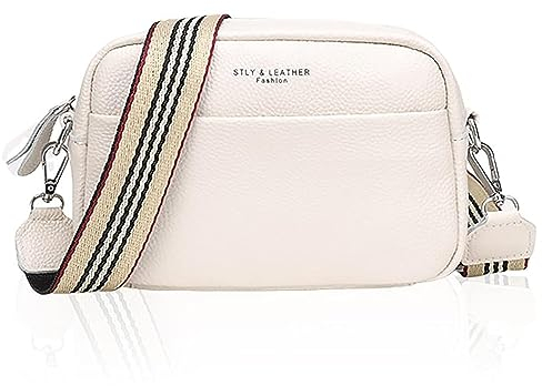 YUHONLNOR Crossbody Bag Damen Leder Breiter Gurt Handtasche Umhängetasche Moderne Taschen mit breitem Schultergurt,Weiß.