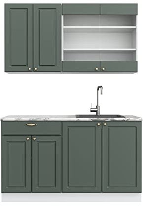 Vicco Singleküche Fame-Line, Grün-Gold Landhaus/Weiß, 140 cm ohne Arbeitsplatte
