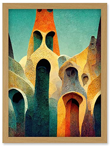 Doppelganger33 LTD Colourful Modern Painting Gaudi Style Architecture Sagrada Familia Artwork Framed Wall Art Print A4