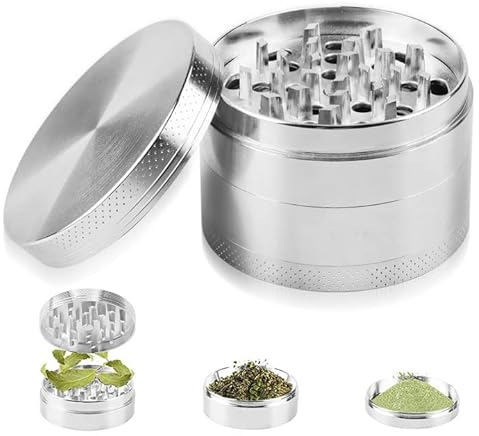 RUNEAY Herb Grinder, Premium Metal Herb Grinder 4 Layers with Pollen Catcher,Grinder Zinc Alloy Grinder for Spice Herb Coffee,Silver Ø 63mm