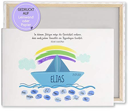 Feenstaub Personalisierbarer Fingerabdruck-Print mit Name und Spruch für Erstkommunion, Konfirmation, Firmung oder Jugendweihe, Boot mit Regenbogen, Alternative zum Gästebuch, Geschenkidee