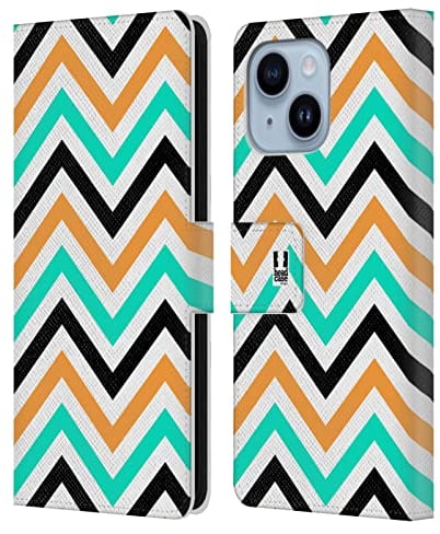 Head Case Designs Blaugrün Und Orange Neon Zigzag Leder-Wallet-Hülle Kompatibel mit Apple iPhone 14 Plus