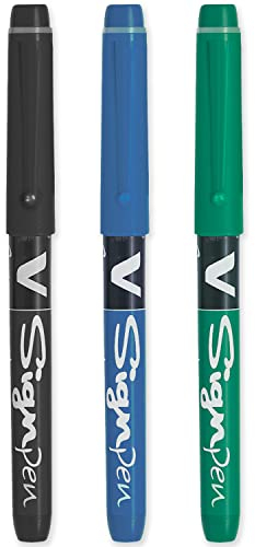 PILOT V Sign Pen - Fineliner Marker Pens - 2.0mm Nib Tip - 0.6mm Line Width - Teacher's Pack of 3 - Black, Blue & Green