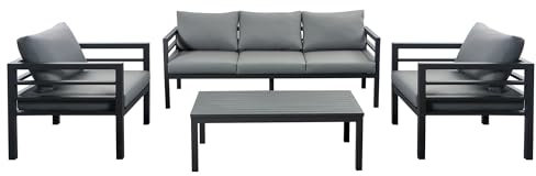 FINQA Stockholm Lounge-Set Stockholm mit 1x Sofa, 2X Sessel und 1x Tisch in Grau, Gartensofa aus Aluminium, Outdoor Sofa, Gartengarnitur perfekt für Garten, Balkon oder Terrasse
