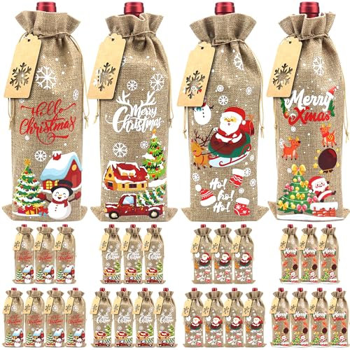 LSJDEER Sackleinen-Weinbeutel für Weihnachten, Wein-Geschenktüten – Sackleinen-Weinhülle mit Kordelzug, Anhängern und Seil für Frohe Weihnachten, Feiertage, Party, Weinbeutel-Dekoration, 32 Stück