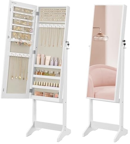 SONGMICS Specchio Portagioie da Terra, Armadietto Portagioielli, Specchio a Figura Intera, con Serratura, Idea Regalo, Superficie Bianca e Fodera Beige JJC069W02