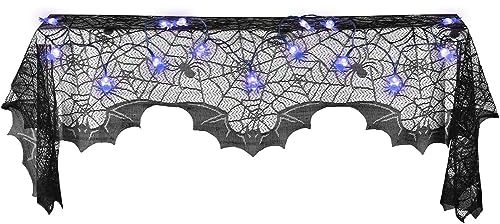 Halloween Deko, Schwarze Spitze Spiderweb mit 20 Lila Spinne LED, Leuchten Kaminmantel Schal Cover, Halloween Türvorhang Deko 45 x 243cm