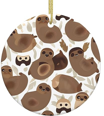 Runde Keramik-Hängeornamente für Weihnachten, ideal zum Aufhängen, Weihnachtsbaumschmuck, Geschenk, braunes Faultier