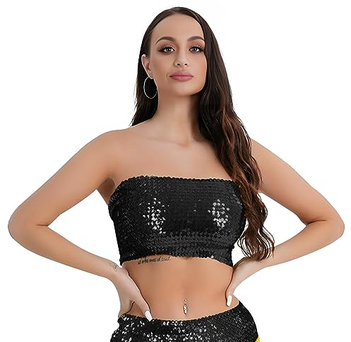 Faxianther Damen Glitzer Crop Top Pailletten Tube Top Sommer Schulterfreies Trägerlos Tops Rave Stretch Oberteil Bandeau BH für Party Tanzen Raves Festival Clubwear Kostüme