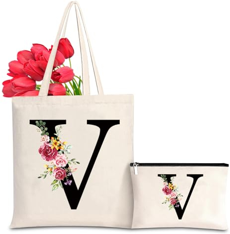 Baumwolltasche personalisiert mit Namen, Frauen Initialen Einkaufstasche Geschenk Tragetasche und Kosmetiktasche für Damen Freundin Mama Geburtstag, Hochzeit, Valentinstag, Muttertag Tasche(V)
