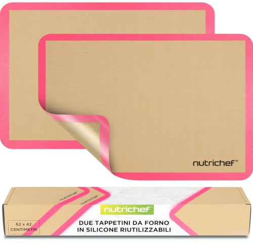 NutriChef Tappetino Silicone per Forno, 2 Pezzi 62 x 42 cm, Antiaderente, per Dolci e Pasticceria, Biscotti, Pane, Pizza, per Casa e Cucina, Rosa
