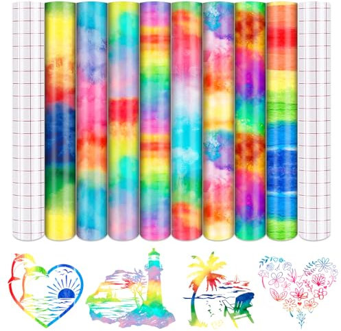 Tintnut Watercolor Permanent Vinyl - 8 Sheets 12x10, Rainbow Adhesive Vinyl, Gradient Pattern Vinyl, Permanent Outdoor Vinyl for Christmas Decor Self Sticker