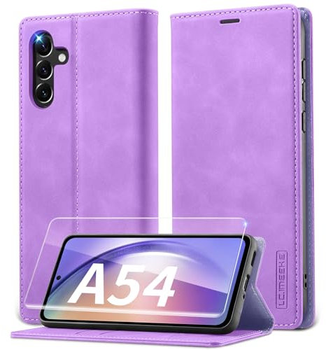 Lanhiem Handyhülle für Samsung Galaxy A54 5G Hülle mit Panzerglas, Premium PU Leder Schutzhülle, RFID Sperrung Flip Wallet Case für Samsung Galaxy A54 Klapphülle, Lila