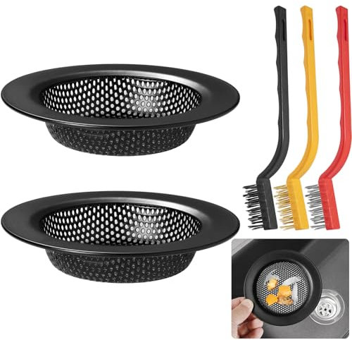 VEPEPE 2/3 Pcs Kitchen Sink Strainer with 3 Brush,Stainless Steel Sink Sieve,Shower Drain Cover Inner Diameter 8cm with Handle, Plug Strainer for Kitchen & Bathroom Hair (2, Black-No Handle)