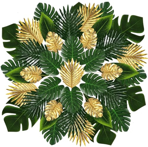 OMIGA Feuille de Palmier 60 Pièces Artificielle Set de Table Feuille Decoration Monstère Decoration Jungle Decoration Anniversaire Tropical pour Luau Hawaïen (Vert/Or)