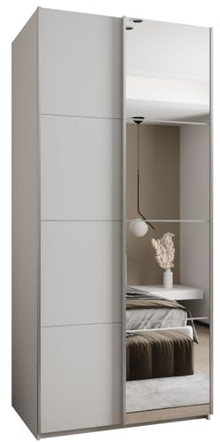 MEBLE KRYSPOL LUX 3 Eleganter 2-türiger Schwebetürenschrank mit Spiegel an der Tür - Leise schließend - HETTICH Topline L System - 245,5x100x64cm - Weiß, Weiß, Silber