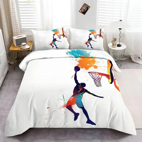 Sport Basketball Graffiti Pattern Bettwäsche Set 135 x 200 cm, Weiß und farbig Bettwäsche Set, für Jungen Mädchen Erwachsene, Microfaser Qualität Bettbezug mit Reißverschluss mit 2 Kissenbezug