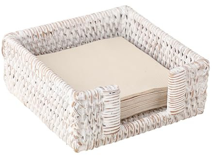 Sumnacon Napkin Holder for Table, Square Cocktail Napkin Holders, Wicker Rattan Napkin Dispenser Rustic Napkin Basket Tray for Dining Table Kitchen Countertop Picnic Party Bar, Vintage Whitewash