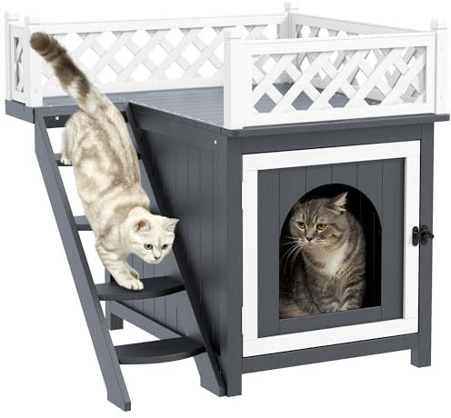 PawHut Katzenhöhle, Katzenhütte aus Tannenholz, Katzenhaus mit Balkon, Treppe, für Katzen, Kaninchen bis 6 kg, Indoor, Outdoor 67,5 x 63 x 68,5 cm, Grau
