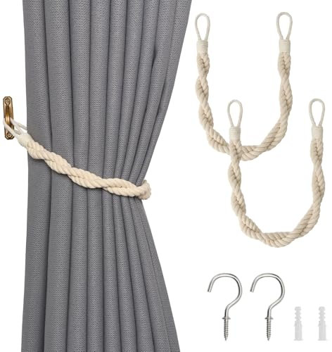 Pretty Jolly 2 Pack Natural Cotton Rope Curtain Tiebacks Elegant Boho Style Decor Drape Tie Backs Soft Hand-Woven Double Rope Curtain Holdbacks with Metal Hook for Home & Office Drapery (Beige)