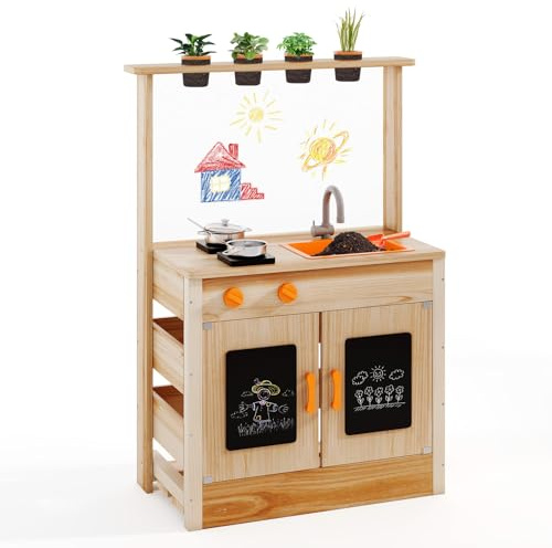 COSTWAY Matschküche Kinder Outdoor, Kinderküche Holz mit Pflanzentöpfen & Kochzubehör, Spielküche mit Wasserhahn, Spüle & Tafeln, Outdoor Küche für Kinder ab 3 Jahren