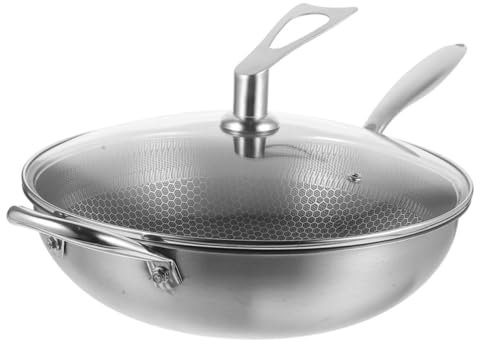 Cabilock 34cm Stainless Steel Honeycomb Wok Lid Non-Stick Cooking Pan Household Frying Pot No Coating Suitable for Stove and Indoor Cooking