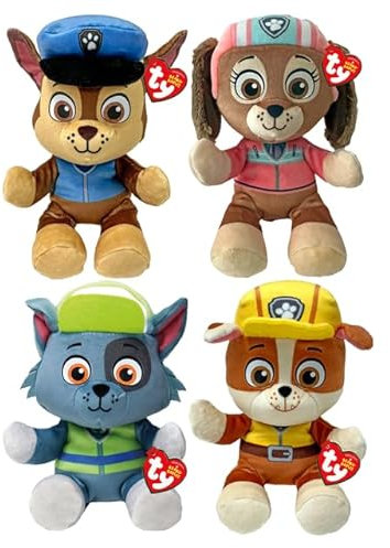 TY Paw Patrol Beanie Babies Set mit 4 Figuren – Chase, Rubble, Rocky, Liberty 27CM – Weiches Plüschtier für Kinder, Sammlerstück, Kuscheltier