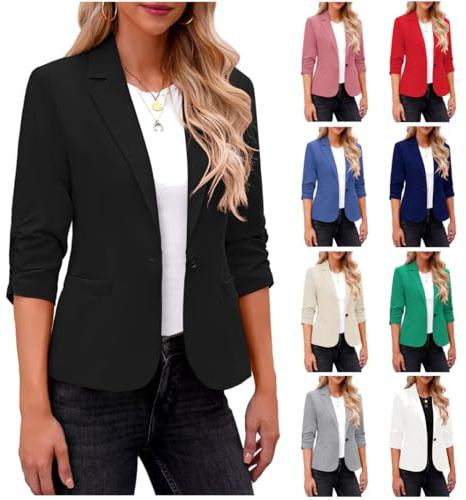 Dyhxuan Blazer Damen Elegant 3/4 Arm Blazer Jacke Casual Sportlich Reverskragen Anzug Vorne Offener Anzugjacke Trenchcoat Business Jacket fürs Büro