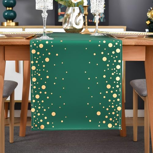 Tischläufer Tannengrün Modern 33 x 140 Tisch Läufer Gold Punkten Geburtstag Hochzeit Tischdecke Weihnachten Stoff Tischdeko Boho Table Runner Landhausstil für Party Urlaub Frühlings Sommer