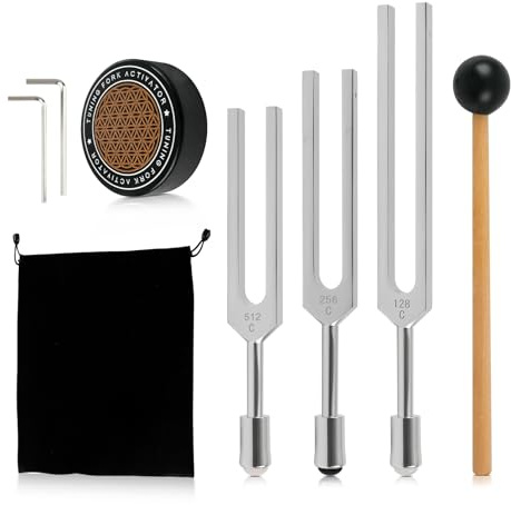 Tuning Forks for Healing 128Hz, 256Hz, 512Hz, 3Pcs Aluminium Alloy Chakra Tuning Forks with Crystal Boot, Mallet and Activator for Meditation Sound Therapy Biofield Harmonization