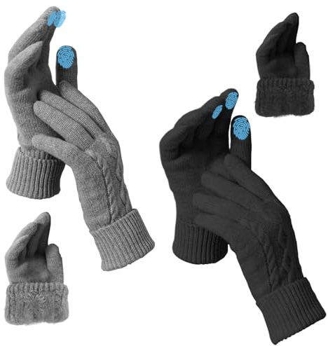 Srvak 2 Paare Touchscreen Handschuhe Damen Thermohandschuhe Warme, Handschuhe Winter Damen Klassische Strickhandschuhe für Draußen, Warme Thermohandschuhe Sind ein Tolles Geschenk (Schwarz und Grau)