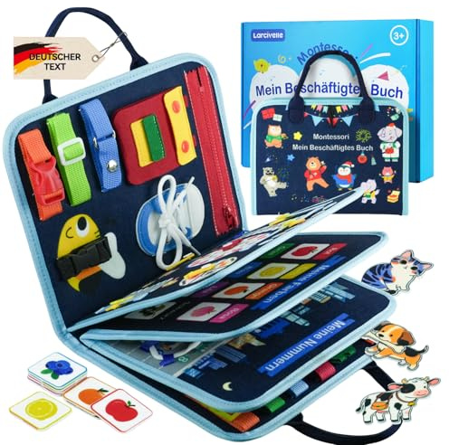 LARCIVELLE Busy Board Quiet Book Montessori ab 3 Jahren | 8 Seiten Lernspaß, Deutsche Texte, Reisespielzeug