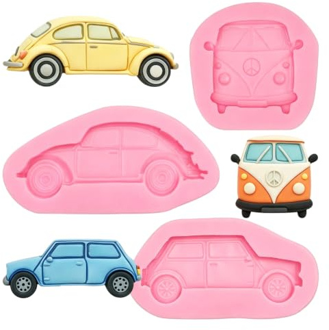 Privatauto-Fondant-Silikonform, Rosa, 3 Stück | Öffentliche Bus-Schokoladenform, Auto-Süßigkeiten-Backformen, Verkehrsthema, Für Kuchendekoration, Cupcake-Topper, Tonharz
