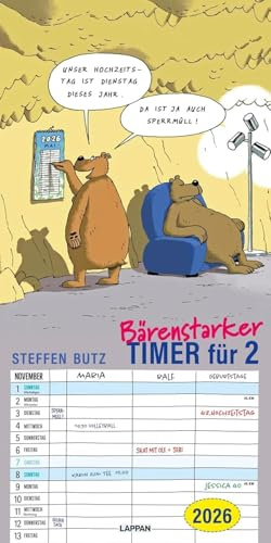 Bärenstarker Planer für zwei - Paarplaner 2026 - Lappan-Verlag - Wandkalender mit lustigen Illustrationen und 2 Spalten zum Eintragen - Monatskalender - 23 cm x 46 cm