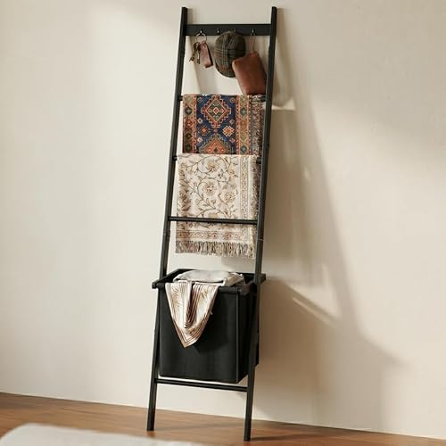 BAMBANG Scaletta per coperte con cestino rimovibile, porta asciugamani a 5 livelli con 4 ganci per soggiorno, bagno, mensola decorativa a scala con cesto portaoggetti (nero)