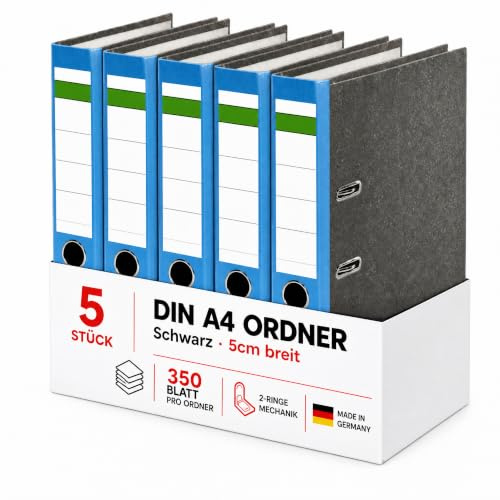 Conipa Ordner A4 Breit 5 cm, 5 Stück, Blau, für bis zu 350 Blatt | Robuste Aktenordner mit 2-Ring-Hebelmechanik, Griffloch und Recyclingkarton – für Büro, Schule & Homeoffice, Made in Germany